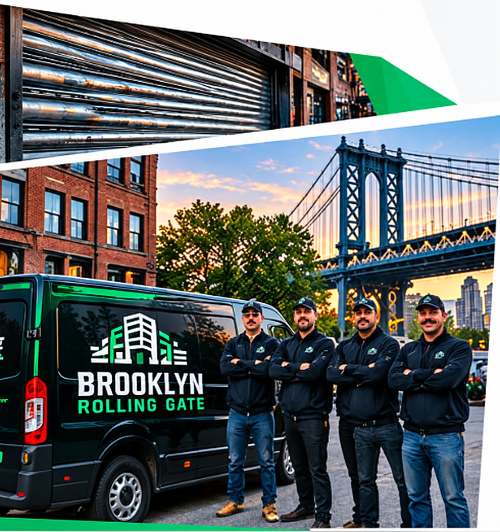 The Brooklyn Rolling Gate team standing by their branded service van near the Manhattan Bridge