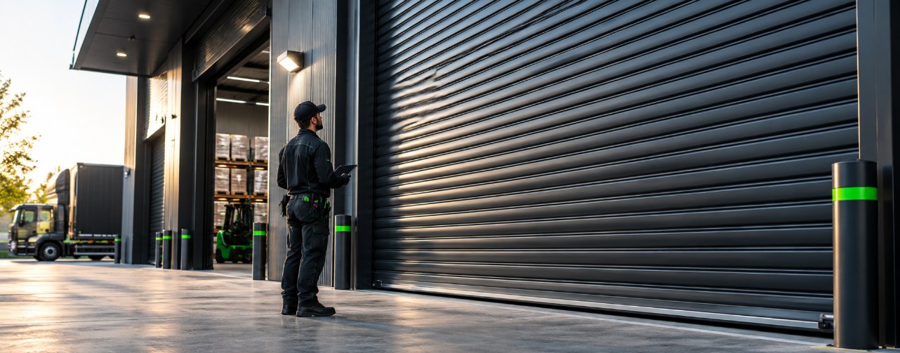 Technician with a tablet inspecting a large commercial warehouse rolling gate