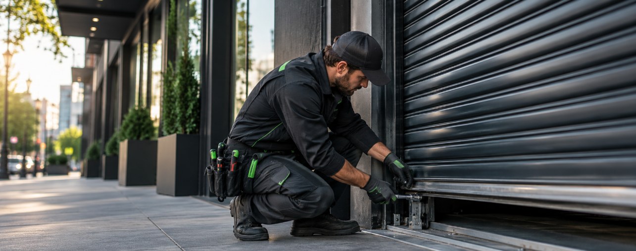 Technician repairing the bottom bar of a storefront rolling gate