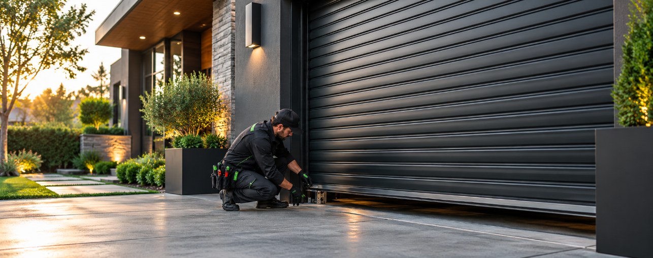 Technician checking the bottom of a residential rolling garage gate