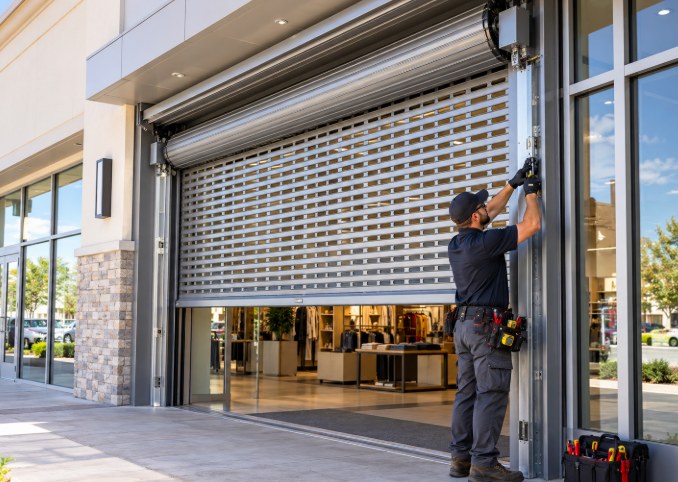 Technician installing a perforated rolling security grille on a retail storefront