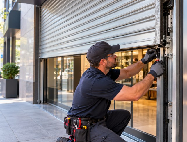Technician adjusting the guide of a rolling gate on a glass retail storefront