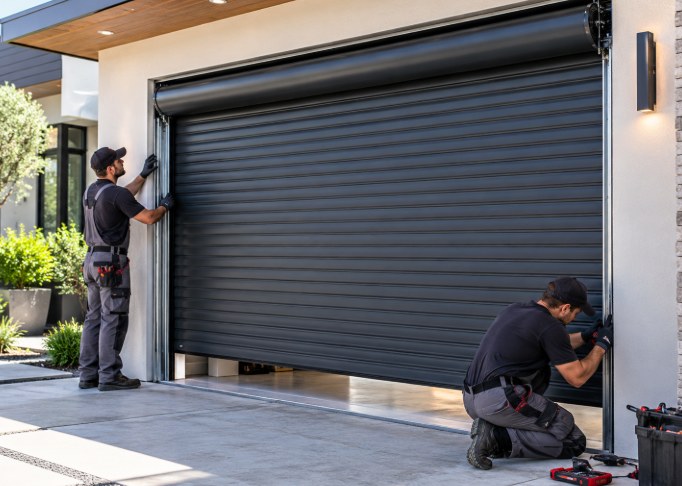 Two Brooklyn Rolling Gate technicians installing a dark residential rolling garage gate