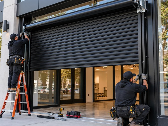 Technicians on a ladder installing a black rolling gate on a glass storefront