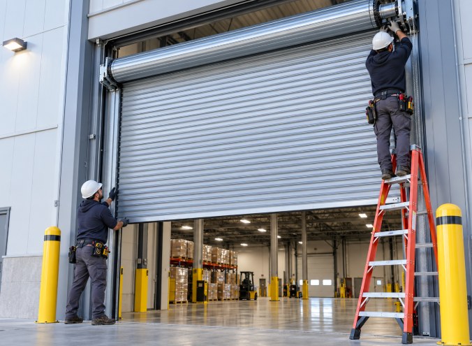 Two technicians in hard hats installing a large warehouse rolling steel door