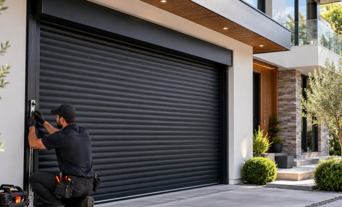 Technician inspecting the side guide of a residential rolling garage gate