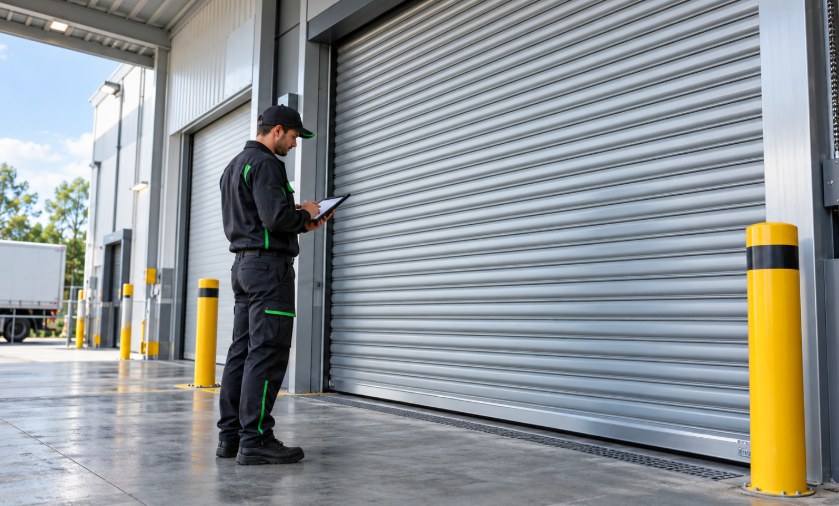 Technician with a tablet inspecting a commercial rolling steel door