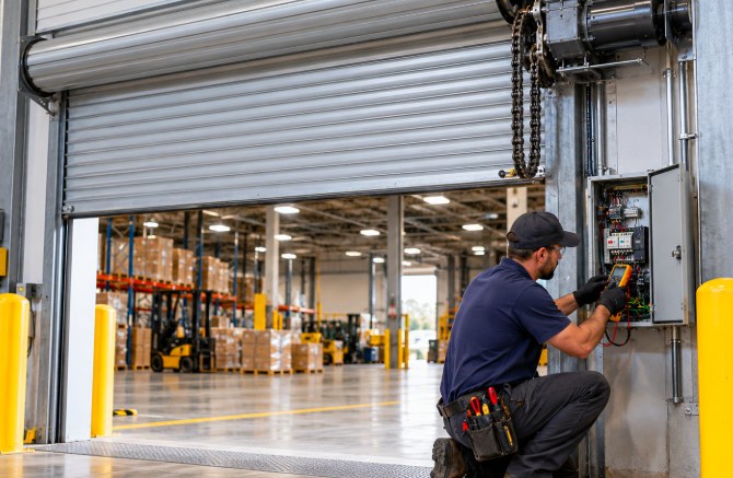 Technician testing the control panel of a warehouse rolling door operator with a multimeter
