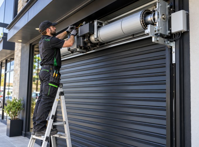 Technician on a ladder installing a rolling gate opener motor above a storefront