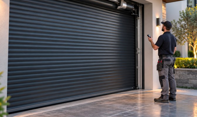 Technician testing a remote control on a dark residential rolling gate