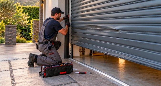 Technician repairing a dented residential rolling gate