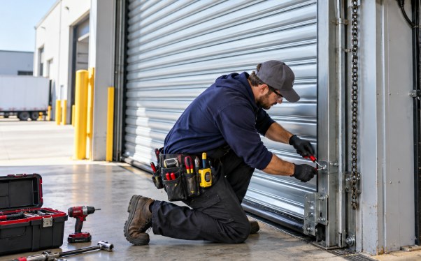 Technician kneeling to repair the guide and lock of a commercial rolling door