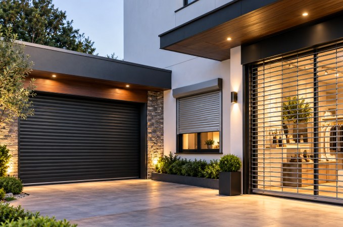 Modern home with a rolling garage door, a window security shutter and a rolling grille
