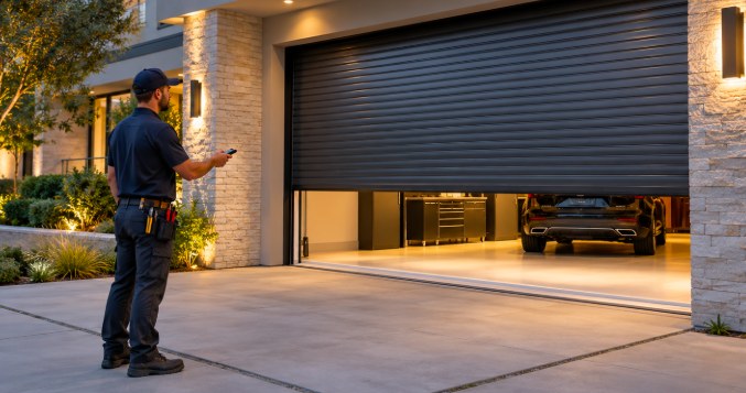 Technician operating a residential rolling garage gate with a remote control in the evening