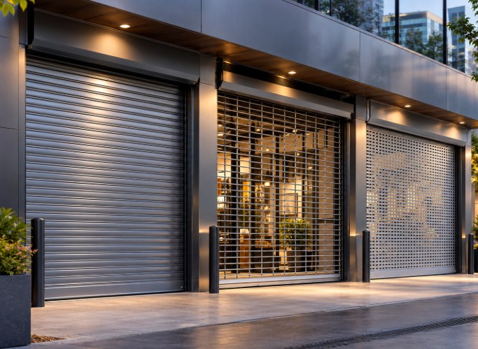 Storefront row with a solid rolling gate, an open security grille and a perforated rolling gate