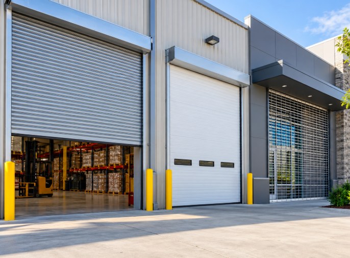 Warehouse with a rolling steel door, an insulated door and a security grille